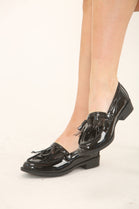 Black Patent Slip On Fringe Tassel Loafer