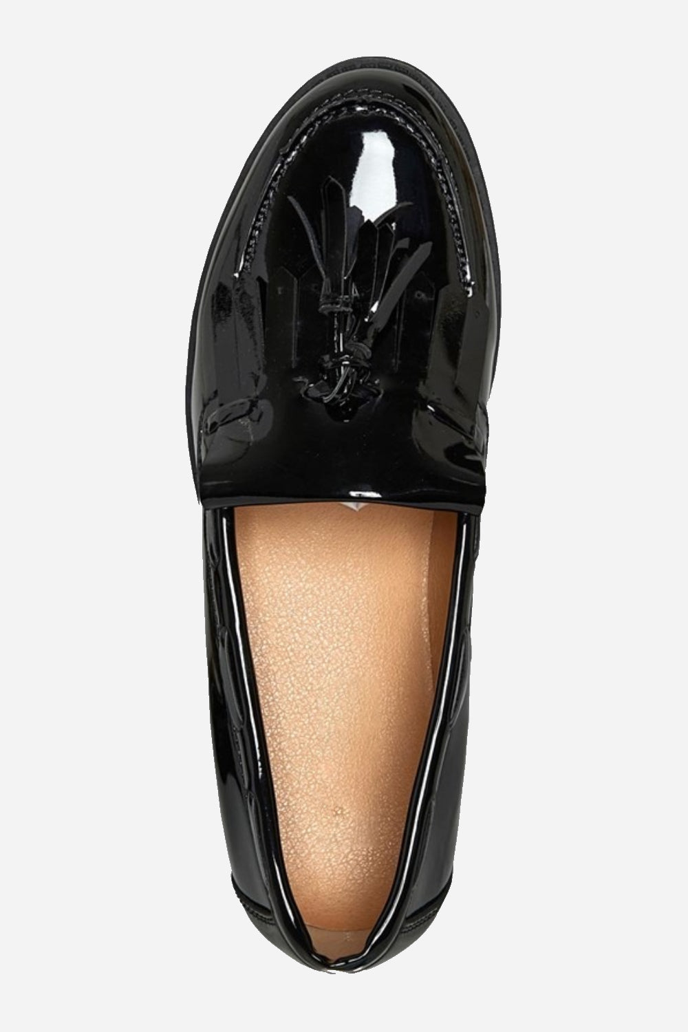 Black Patent Slip On Fringe Tassel Loafer