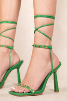 Green PU Studded High Heel Sandals With Square Toe & Tie Leg