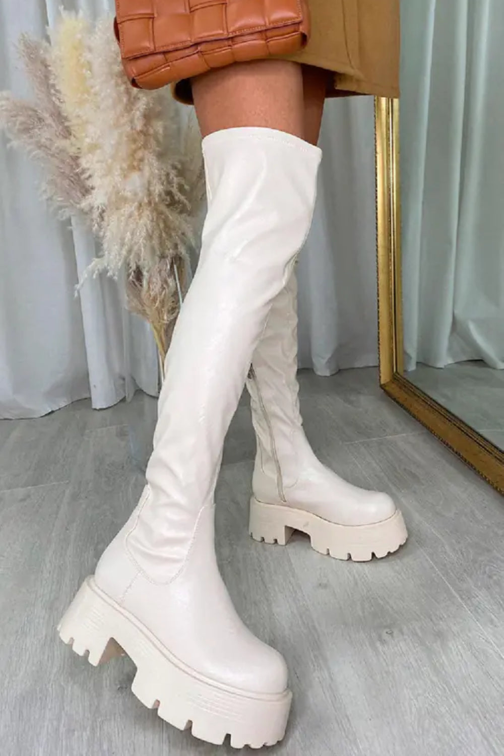 Cream PU Chunky Chelsea Calf High Boots With Side Zip