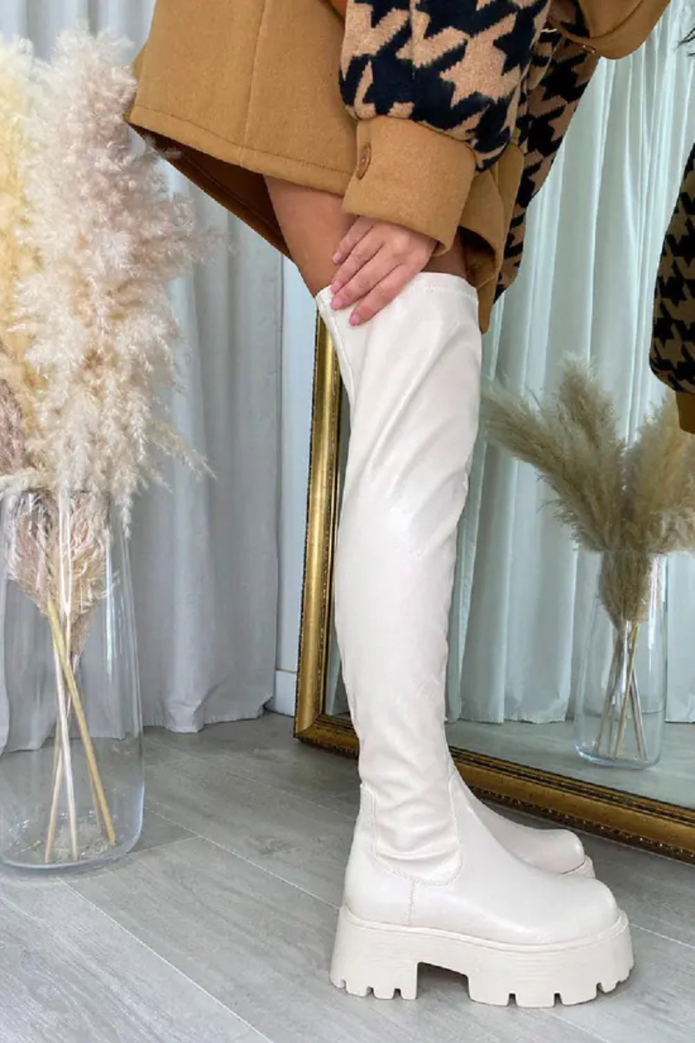 Cream PU Chunky Chelsea Calf High Boots With Side Zip