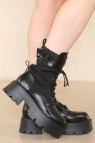 Black PU Chunky Chelsea Ankle Boots With Lace Up & Side Zip