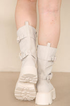 Cream PU Chunky Chelsea Ankle Boots With Front Lace Up & Side Zip