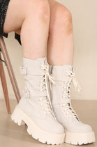 Cream PU Chunky Chelsea Ankle Boots With Front Lace Up & Side Zip