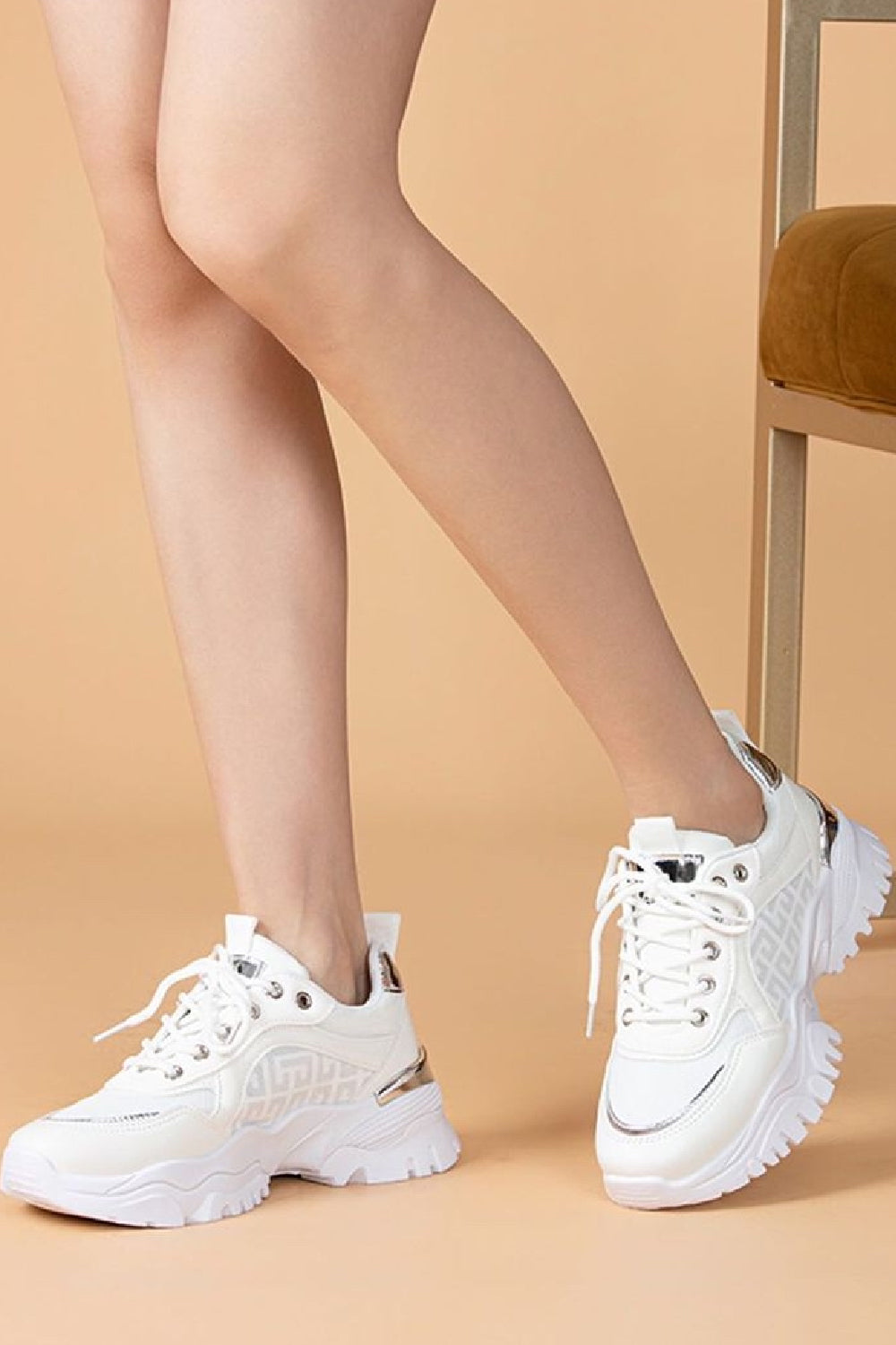 WHITE LACE UP FLAT CHUNKY SIDE DETAIL FASHION TRAINERS SHOES