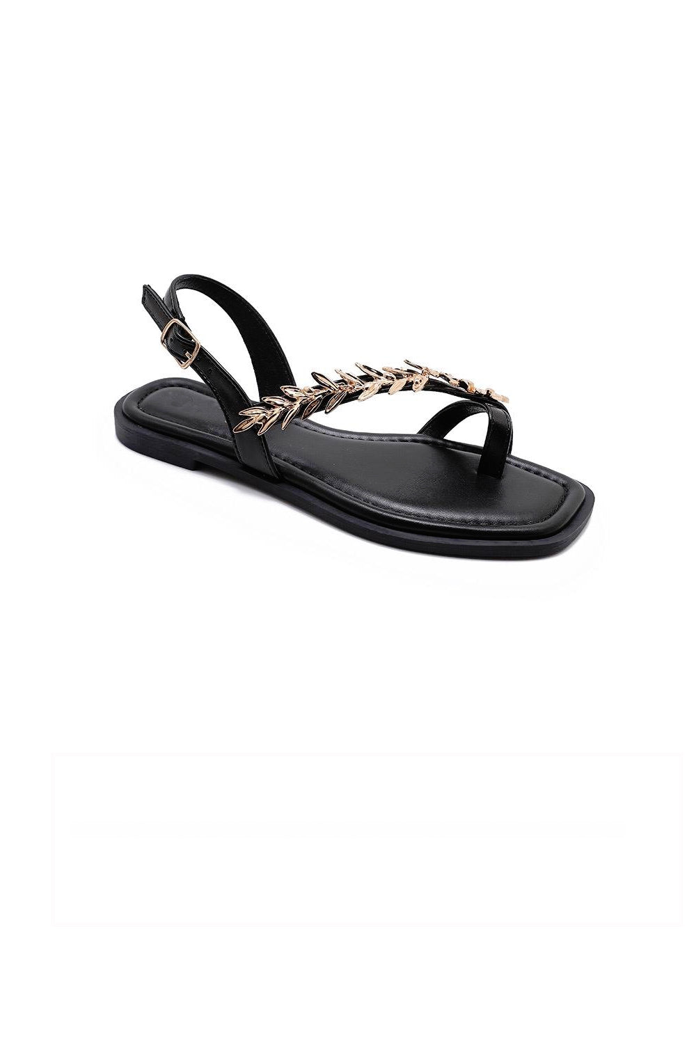 Women's Black Pu Leaf-Embellished Flat Sandals