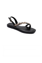 Women's Black Pu Leaf-Embellished Flat Sandals