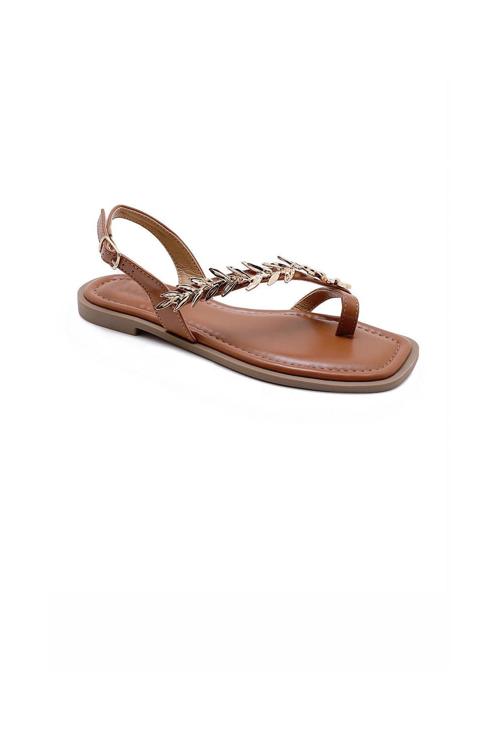 Women's Camel Pu Leaf-Embellished Flat Sandals