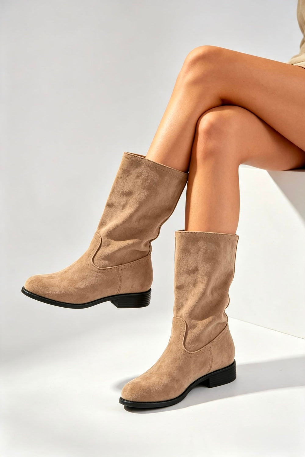 Ladies Classic Camel Mid-Calf Suede Boots