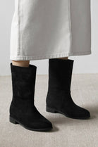 Black Suede Designer Calf High Flat Boot