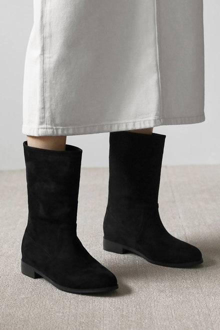 Black Suede Designer Calf High Flat Boot