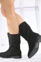 Black Suede Designer Calf High Flat Boot