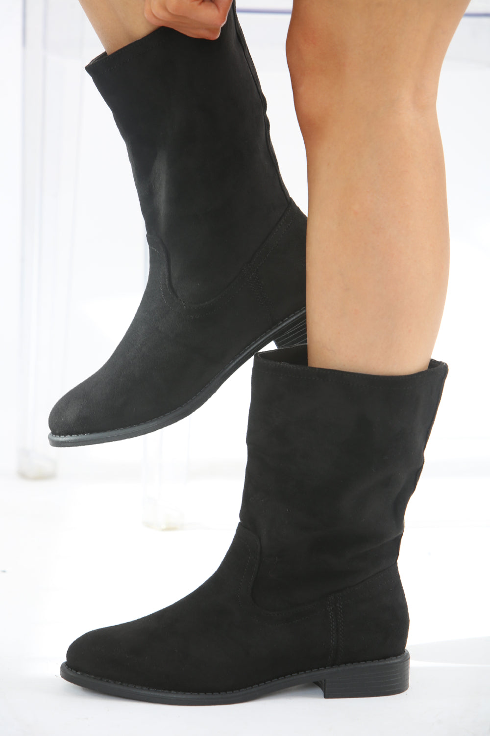 Black Suede Designer Calf High Flat Boot