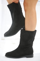 Black Suede Designer Calf High Flat Boot
