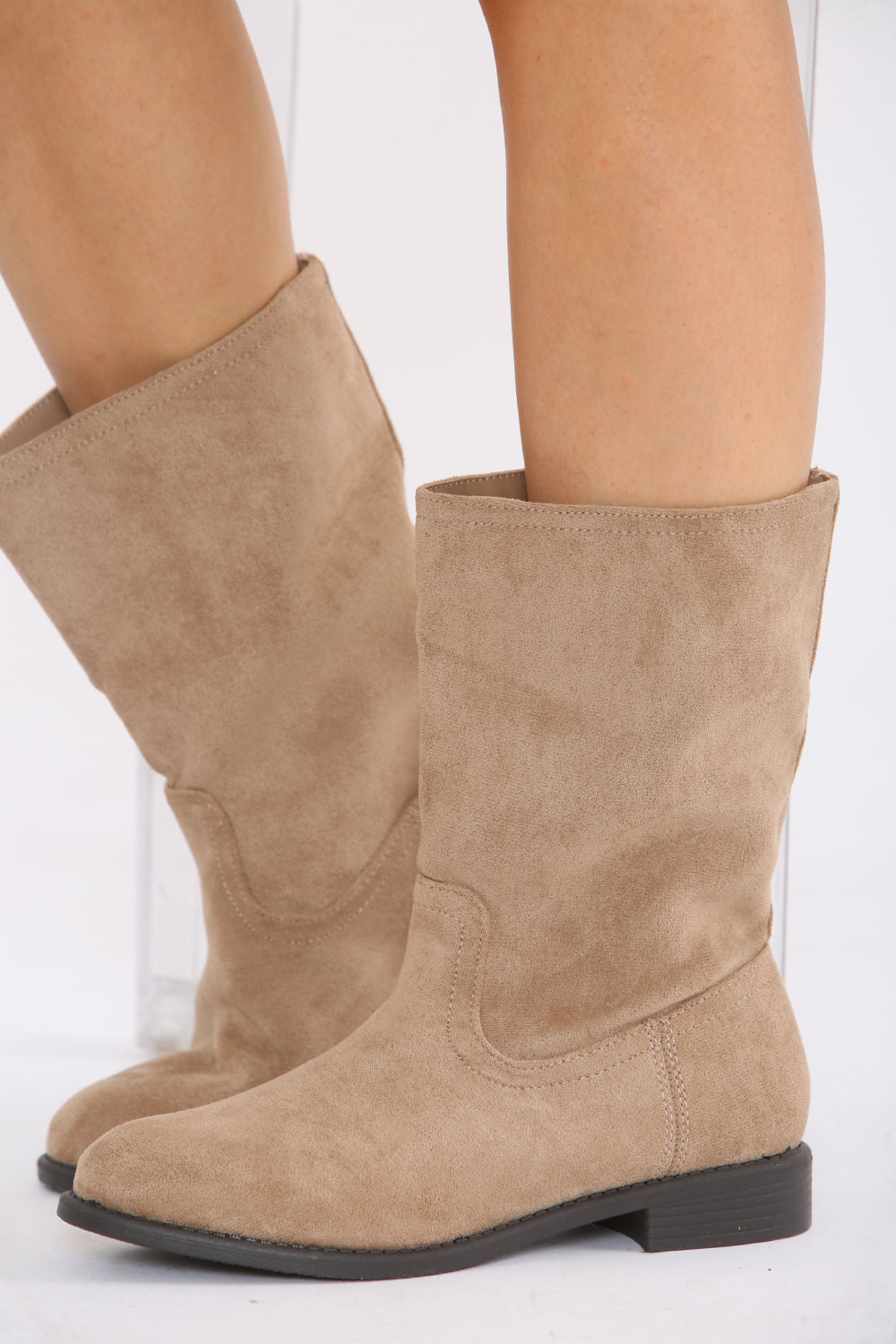 Camel Suede Designer Calf High Flat Boot