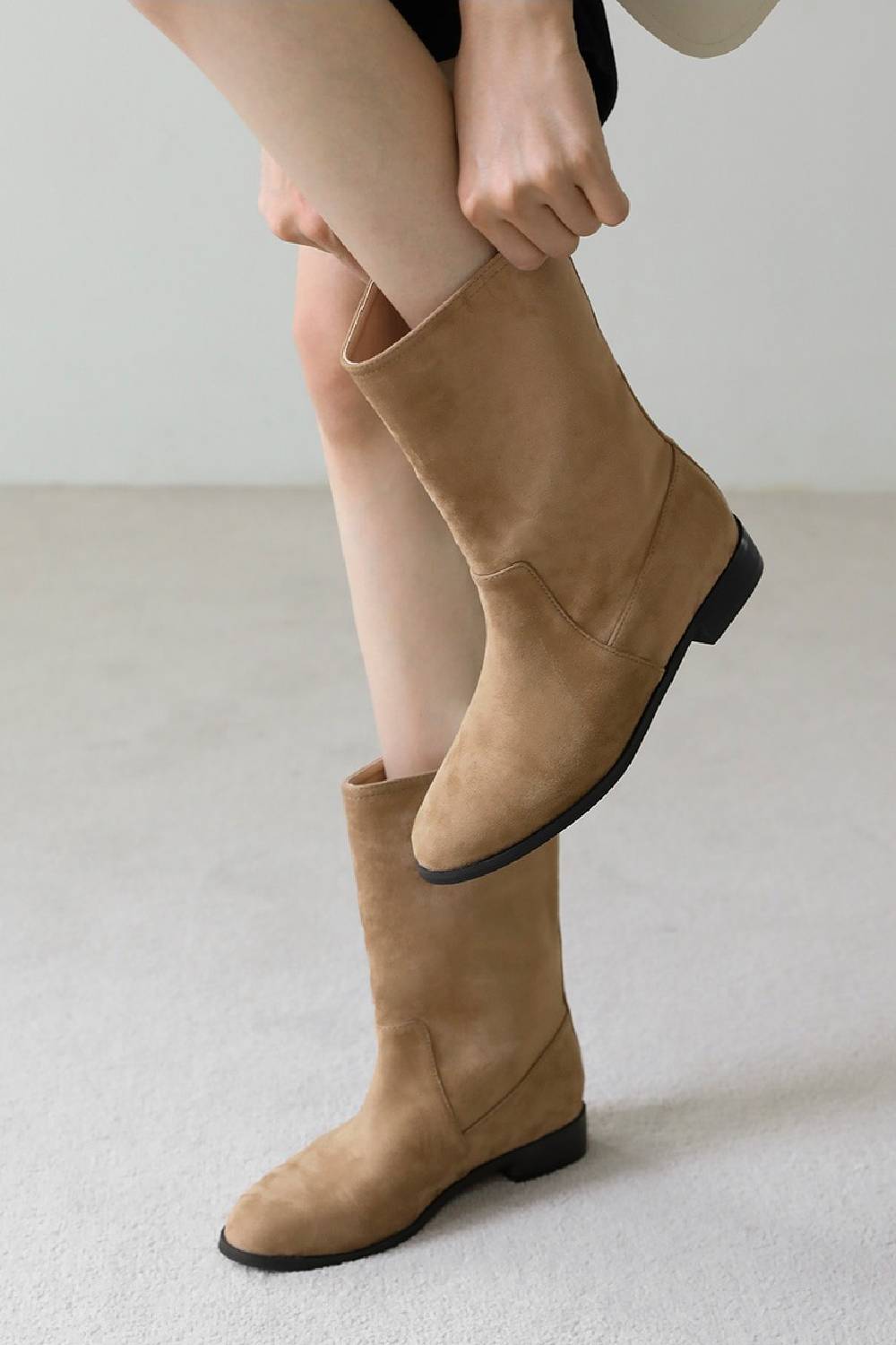 Camel Suede Designer Calf High Flat Boot