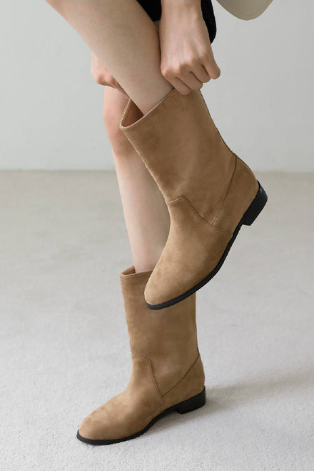 Camel Suede Designer Calf High Flat Boot