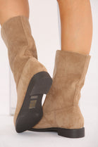 Camel Suede Designer Calf High Flat Boot