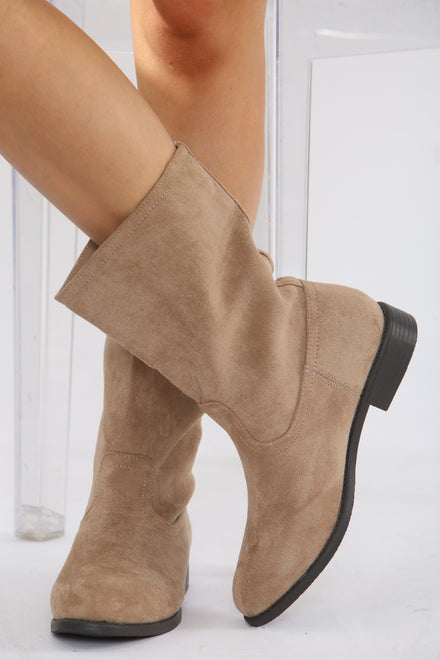 Camel Suede Designer Calf High Flat Boot