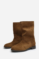 Khaki Suede Designer Calf High Flat Boot