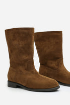 Khaki Suede Designer Calf High Flat Boot
