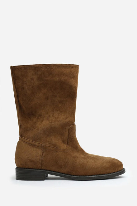 Khaki Suede Designer Calf High Flat Boot