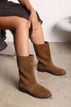 Khaki Suede Designer Calf High Flat Boot