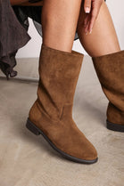Khaki Suede Designer Calf High Flat Boot
