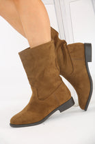 Khaki Suede Designer Calf High Flat Boot