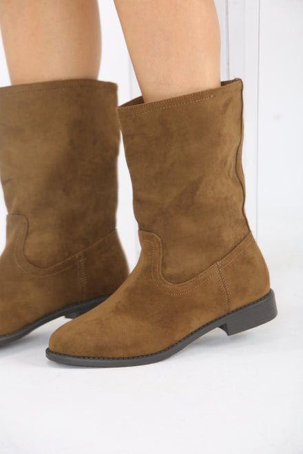 Khaki Suede Designer Calf High Flat Boot