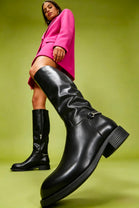 Black Pu Classic Buckle Detail Flat Knee High Riding Boots