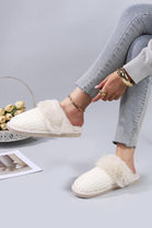 BEIGE FLUFFY FUAX FUR CABLE KNIT COSY MULE SLIPPERS SHOES