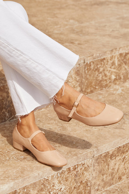 NUDE PATENT BUCKLE STRAP FLAT MARY JANE SHOES