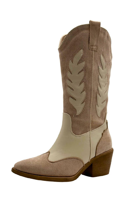 BEIGE CUT OUT DETAIL KNEE HIGH WESTERN COWBOY BOOTS