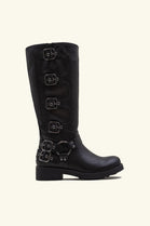 Black PU Multi Buckle Knee High Heeled Biker Boot