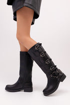 Black PU Multi Buckle Knee High Heeled Biker Boot