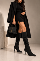 Ruched Pointed Toe Knee High Faux Suede Heeled Boots | Black