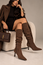 Ruched Pointed Toe Knee High Faux Suede Heeled Boots | Brown