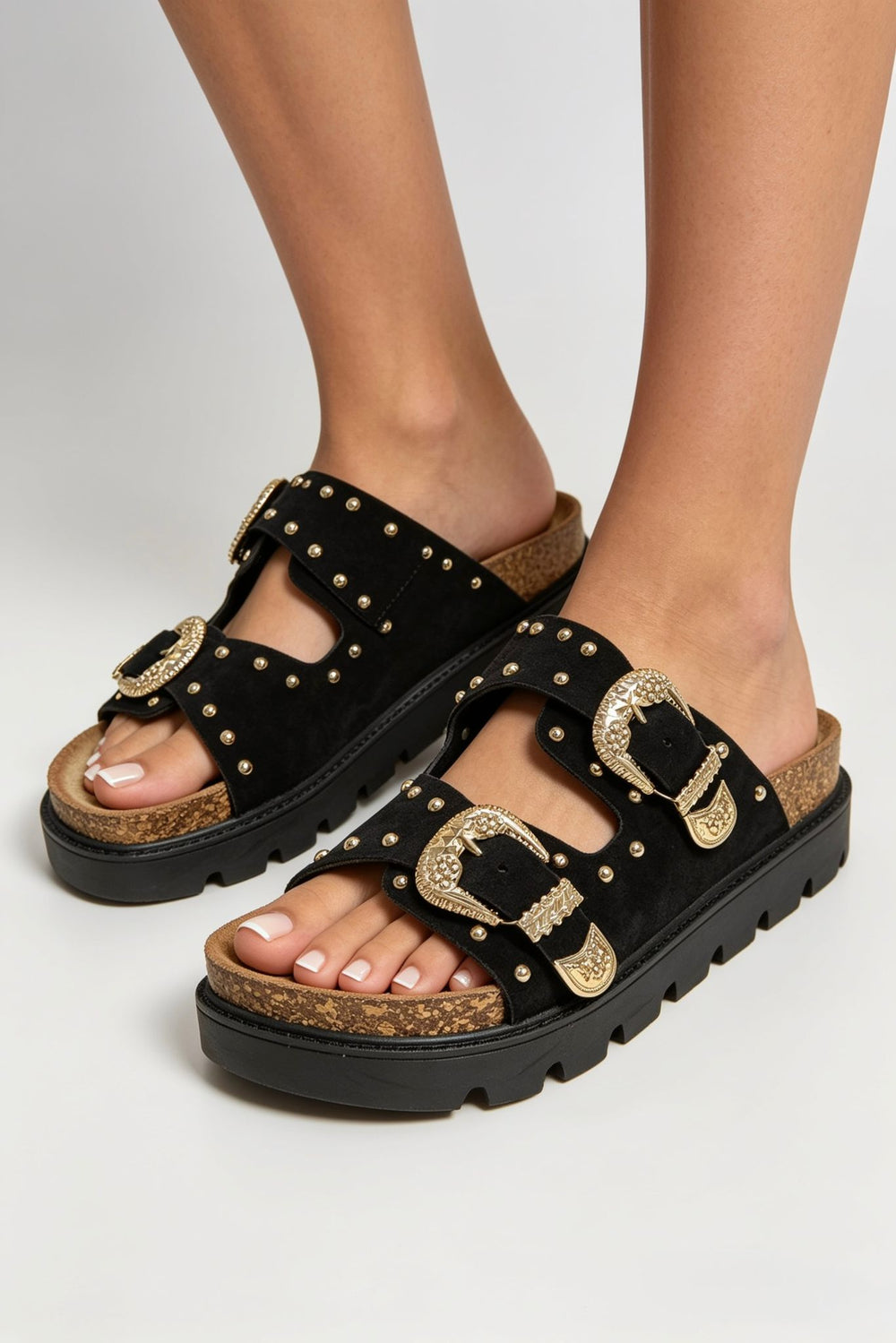 Black Studded Western Double Strap Platform Sandals