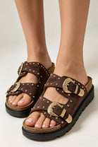 Brown Studded Western Double Strap Platform Sandals