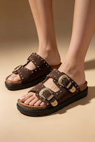 Brown Studded Western Double Strap Platform Sandals