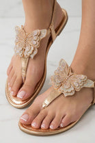 Women’s Sparkly Butterfly T-Strap Champagne Flat Sandals – Wholesale Summer Essential
