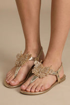 Women’s Sparkly Butterfly T-Strap Gold Flat Sandals – Wholesale Summer Essential