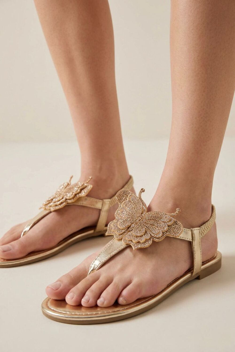 Women’s Sparkly Butterfly T-Strap Gold Flat Sandals – Wholesale Summer Essential