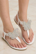 Women’s Sparkly Butterfly T-Strap White Flat Sandals – Wholesale Summer Essential