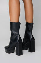 Black PU Block High Heel Ankle Boots With Side Zip