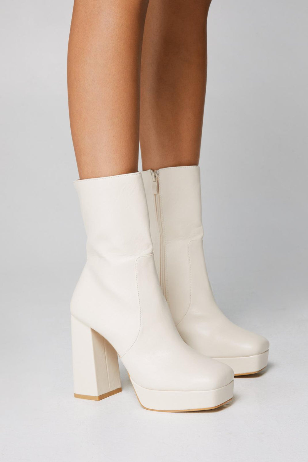 Cream PU Block High Heel Ankle Boots With Side Zip