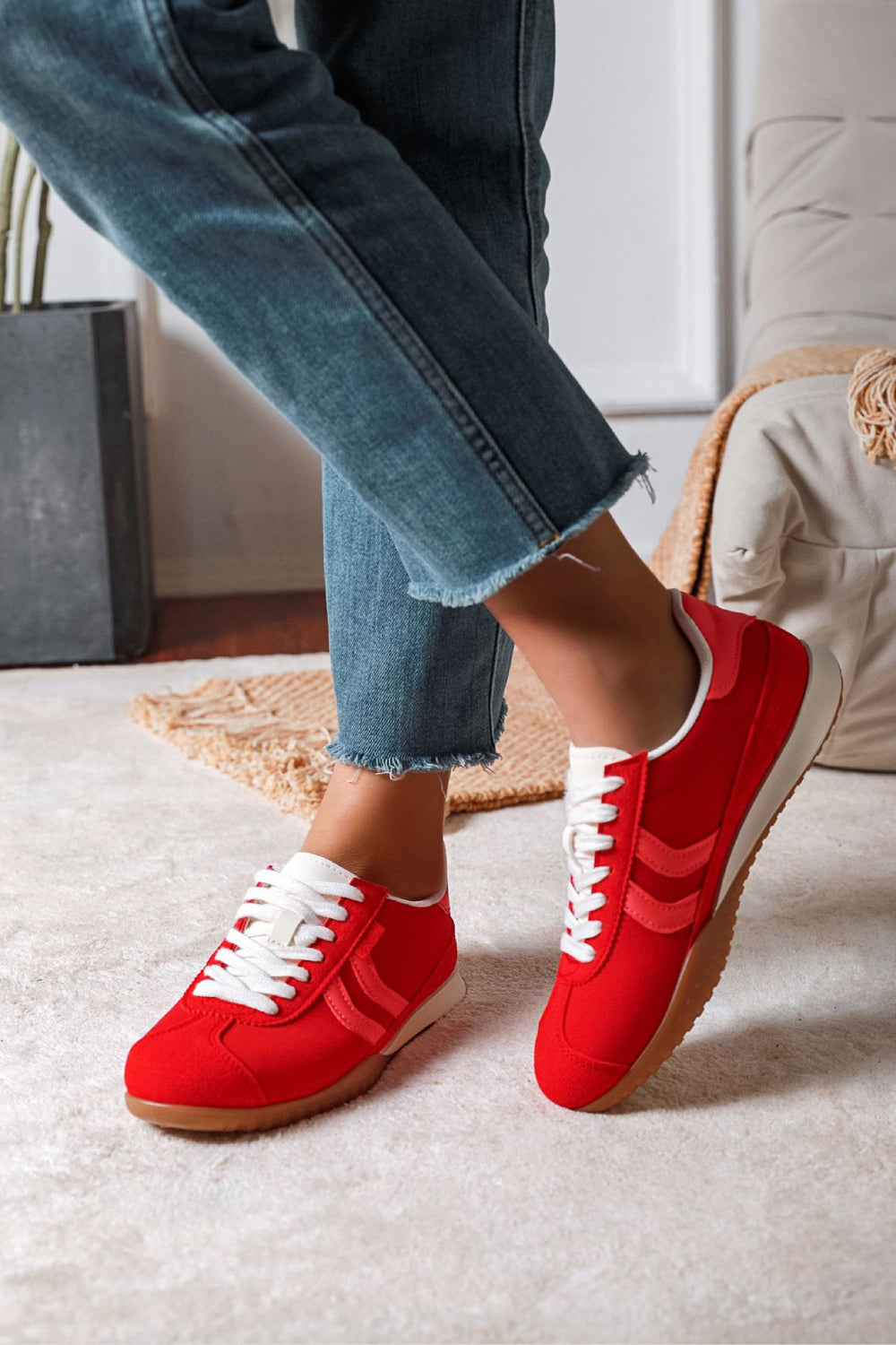 Red Retro Low‑Top Trainers With Gum Sole