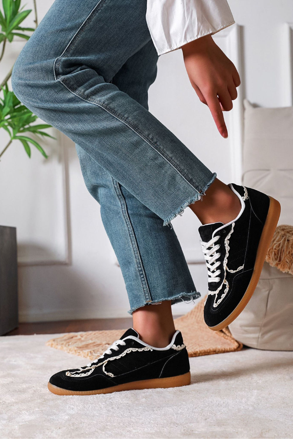 Black Suede Crochet Gum Sole Trainers