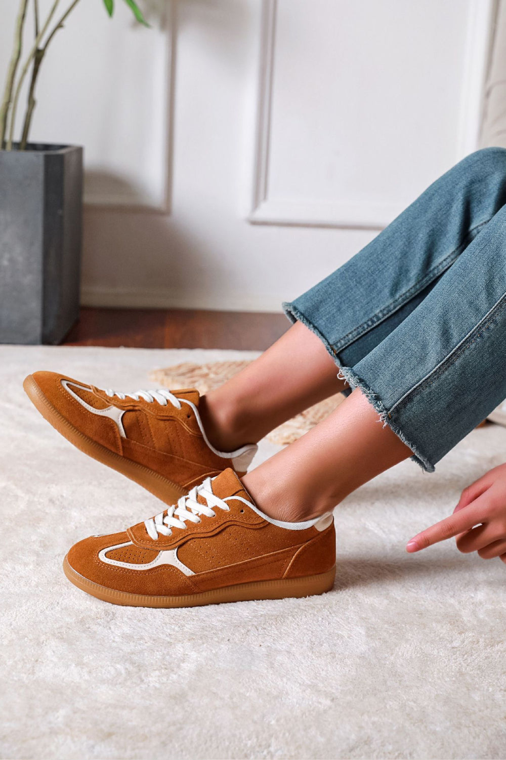 Women's Camel Retro Suede Gum Sole Flat Trainers